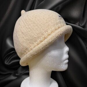 Ivory Wool Blend Knit Beanie Hat with Rolled Brim Winter Style